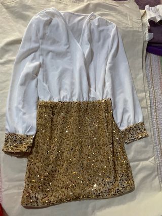 Vestido fiesta lentejuelas dorado y blanco