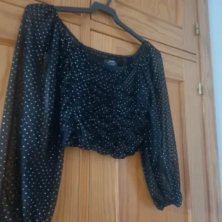 Top Bershka Negro Brillo Plateado Manga Larga XS