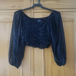 Top Bershka Negro Brillo Plateado Manga Larga XS