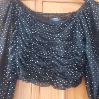Top Bershka Negro Brillo Plateado Manga Larga XS