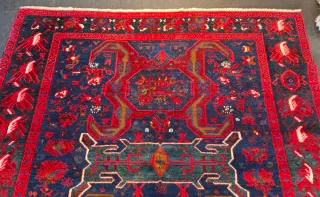 Tappeto antico lana blu e rosso