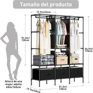 Armario Tela Negro 130x45x175 con 3 Cajones