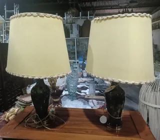 Pareja lámparas cerámica verde pantalla oval tela