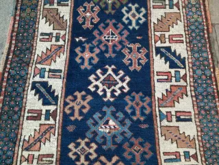 Tappeto kazak antico lana blu e beige