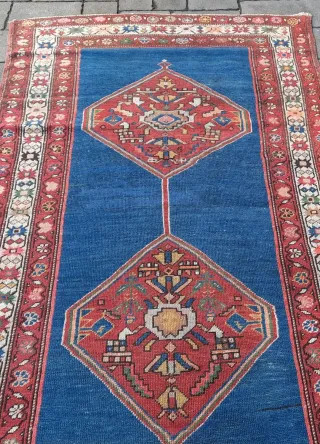 Tappeto  persiano antico Runner Blu e Rosso in Lan