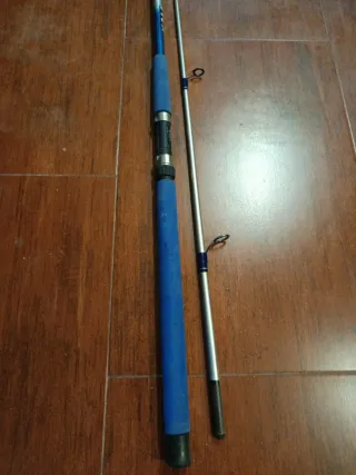 Caña de pescar azul y plateada