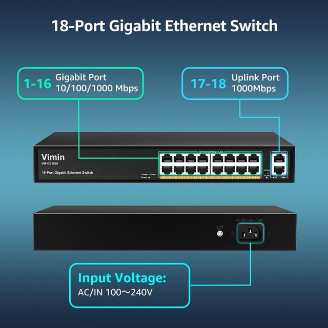 Switch Gigabit PoE Vimin 16 Puertos + 2
