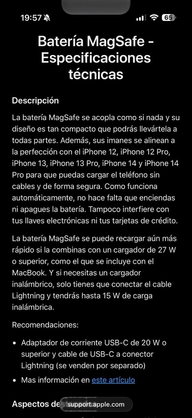 Batería Externa Apple MagSafe de puerto lighting