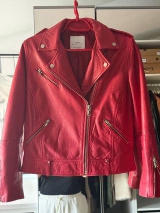 Chaqueta Biker Roja Mango Piel Genuina