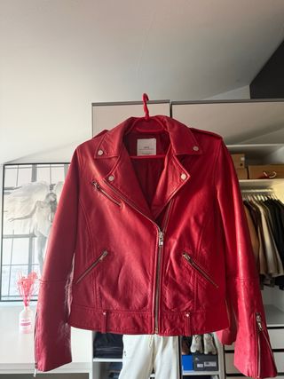 Chaqueta Biker Roja Mango Piel Genuina