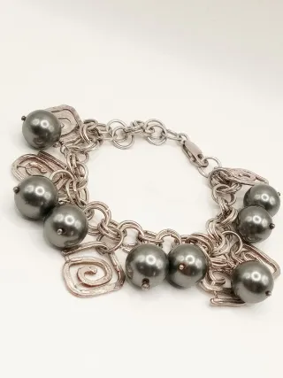 Bracciale donna perle nere argento 925 ciondoli