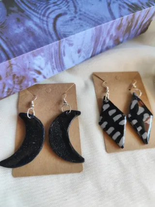 Pendientes Luna y Diamante Negro/Plata