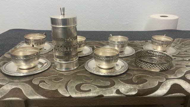 Antico set da caffè in metallo argentato