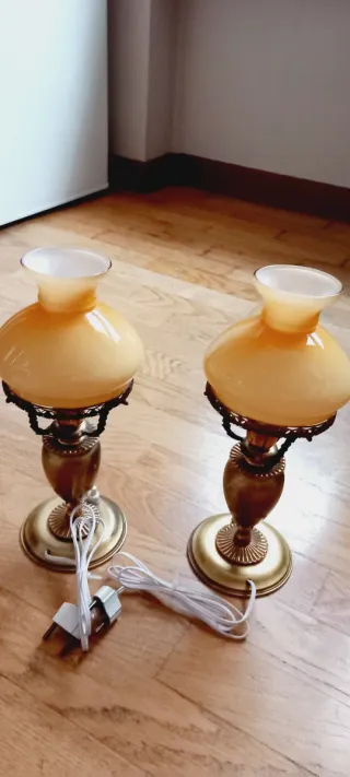 Coppia Lampade Ottone Vetro Arancio Anni '40