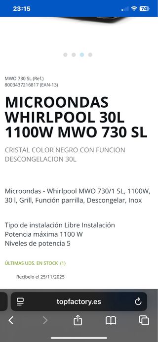 Microondas Whirlpool MWO 730 SL 30L 1100W
