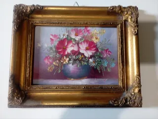 Quadretto dipinto fiori vintage anni 80 cornice.