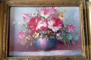 Quadretto dipinto fiori vintage anni 80 cornice.