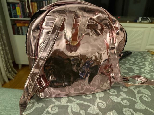 Mochila rosa metalizada con estampado de rosas