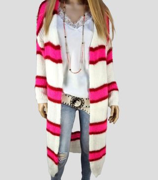 Chaqueta Larga Rayas Blanco y Rosa