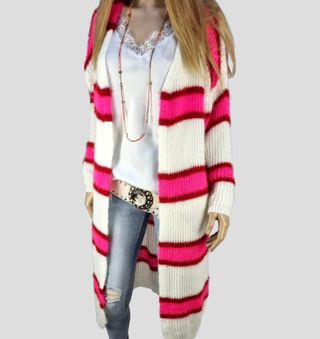 Chaqueta Larga Rayas Blanco y Rosa