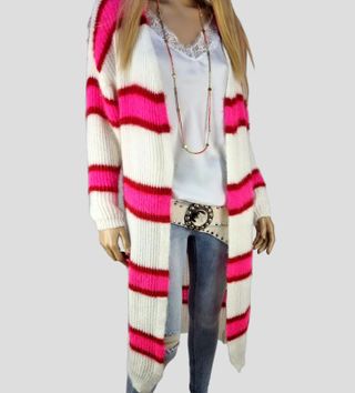 Chaqueta Larga Rayas Blanco y Rosa