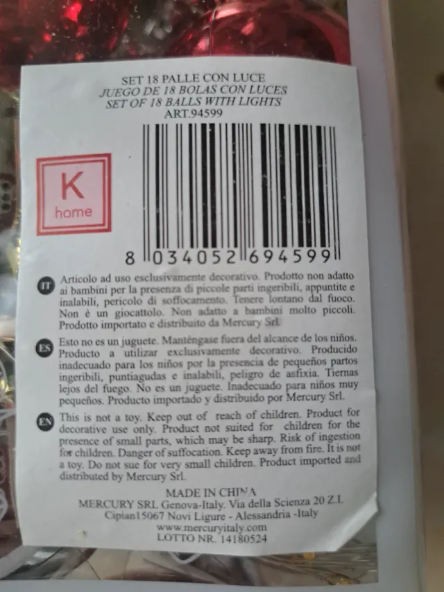 Set 12 Palline Natale K Home Rosse Oro Argento