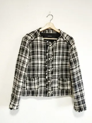 Chaqueta Zara Tweed Cuadros Blanco y Negro