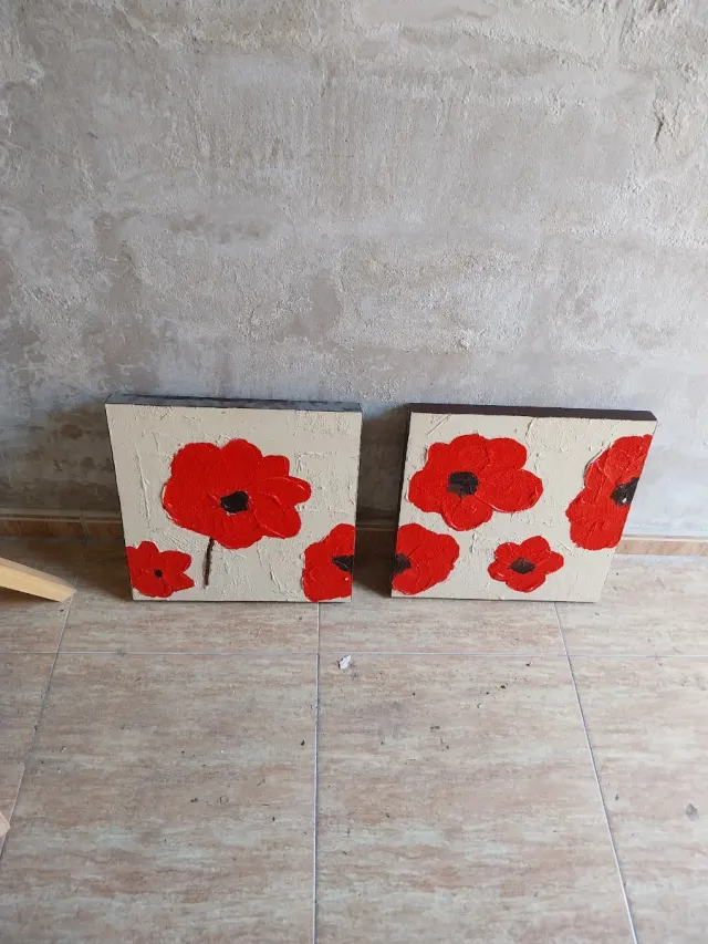 2 Quadri Fiori Rossi Acrilico 40x40cm