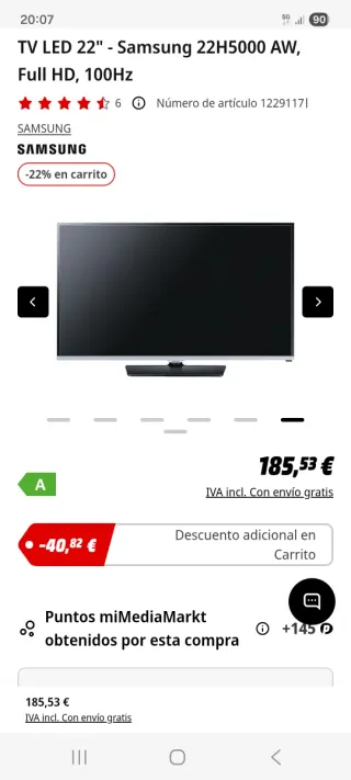 NUEVA Televisión Samsung 22 pulgadas UE22H5000AW