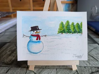 Postal Navideña Muñeco Nieve Árboles