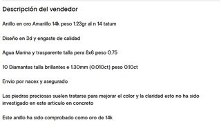 Anillo 14k Oro Amarillo Aguamarina 0.85ct Diamante