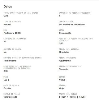 Anillo 14k Oro Amarillo Aguamarina 0.85ct Diamante