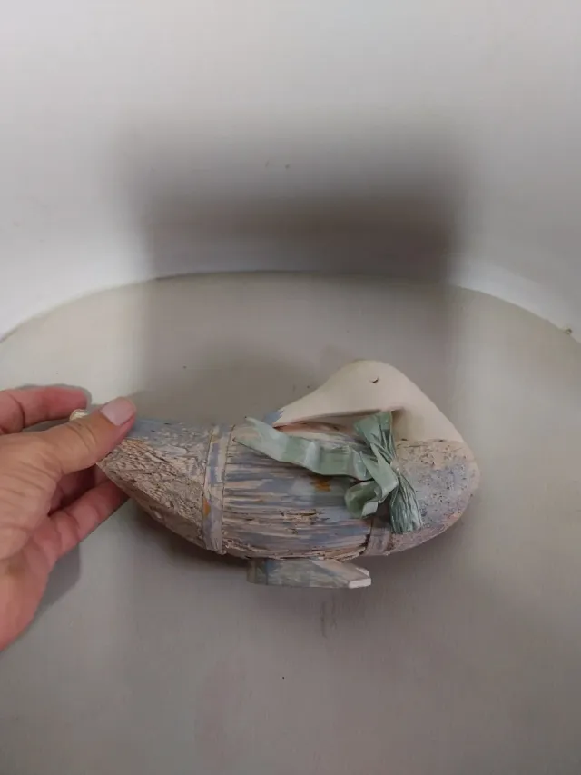 Figura Pato Madera Decorativa Azul Blanco