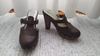 Sandalias marca FO, piel, tacón plataforma, marrón