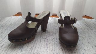 Sandalias marca FO, piel, tacón plataforma, marrón