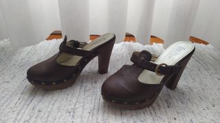 Sandalias marca FO, piel, tacón plataforma, marrón