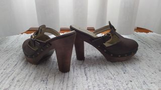 Sandalias marca FO, piel, tacón plataforma, marrón