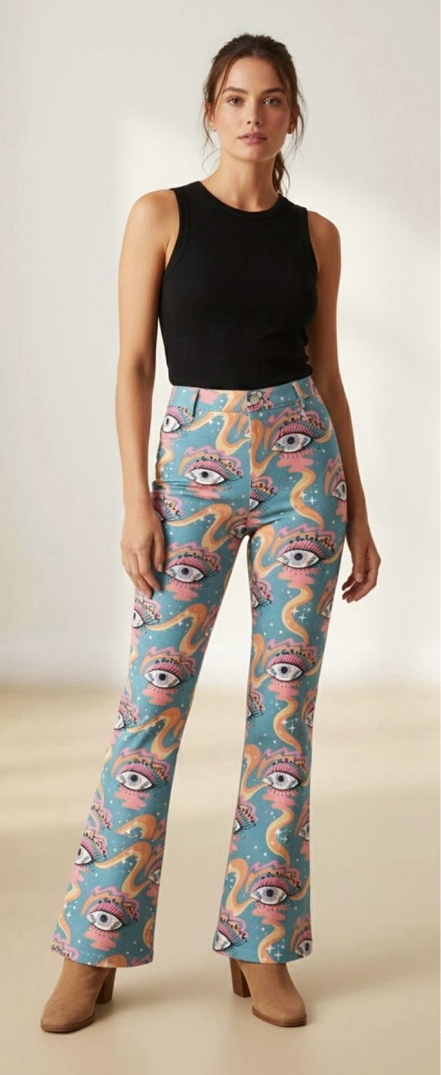 Pantalón Campana Flare Estampado Ojos Psicodélico