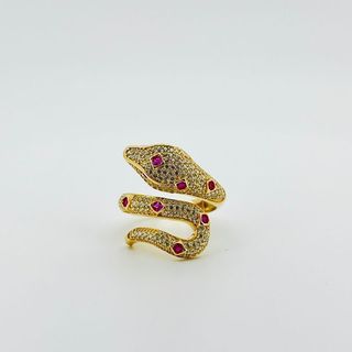ANILLO SERPIENTE CON CIRCONITAS BLANCO Y ROJO. Oro