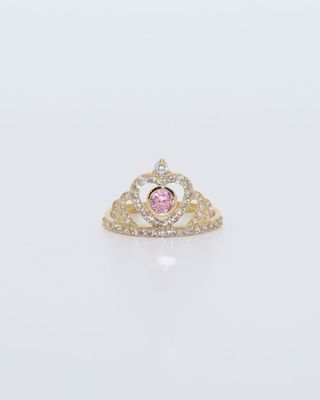 ANILLO CORONA CON CIRCONITAS ROSA Y BLANCA.Oro 18k