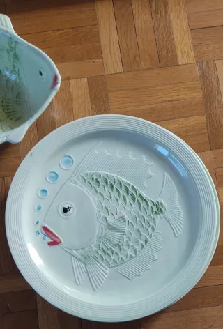 Vajilla cerámica pescado verde y blanco
