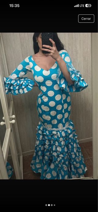 Traje Flamenca Gitana Lunares Azul Blanco