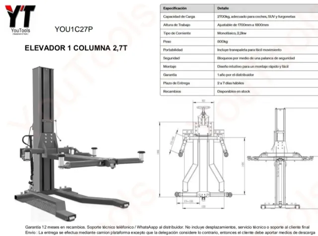 Elevador 1 Columna Móvil 2,7T.MOVIL 220V
