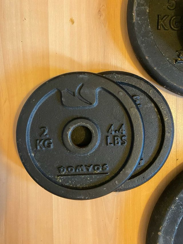 Material deportivo: Barra, discos, kettlebell step