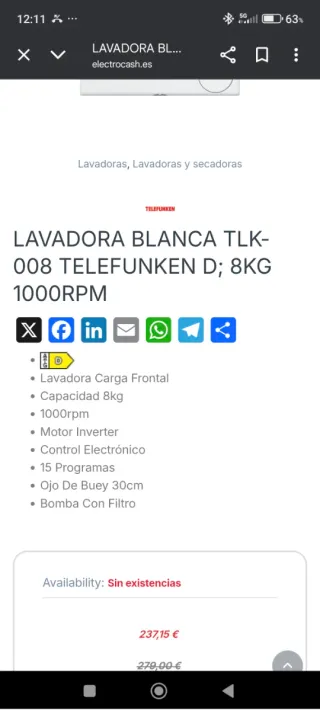 Lavadora Telefunken TLK008 8kg