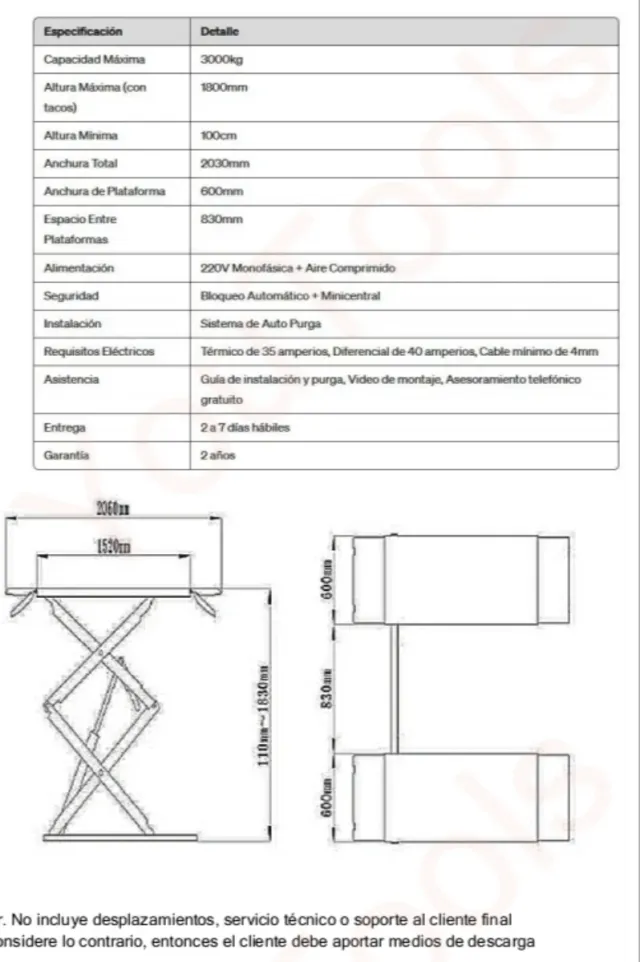 Elevador 3T  altura 1,9m sobre suelo 220v