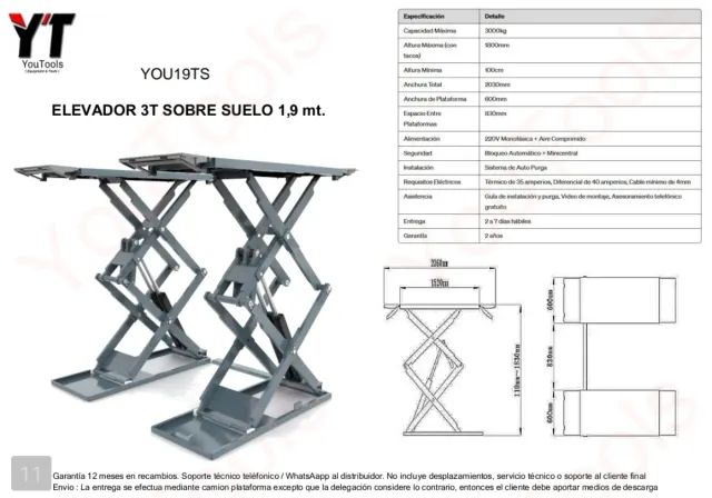 Elevador 3T  altura 1,9m sobre suelo 220v
