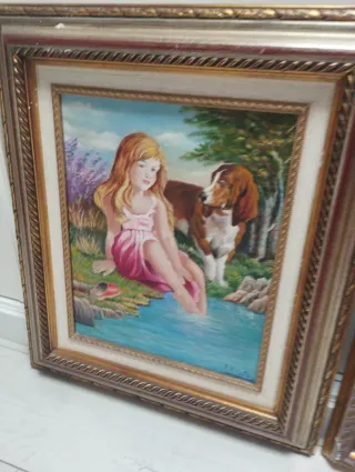 Quadri ad olio Bambino e Bambina con Cane