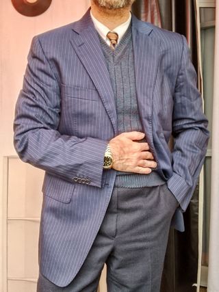 Giacca Vintage Blu Gessato Uomo Lana ANGELICO 50