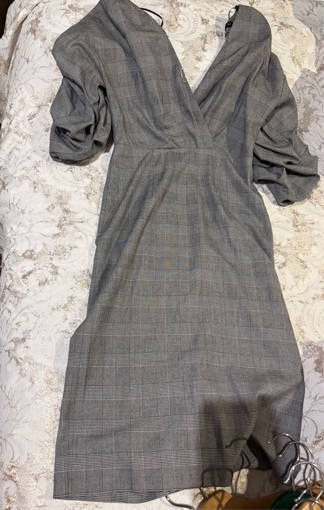 Vestido Zara Cuadros Gris Talla S